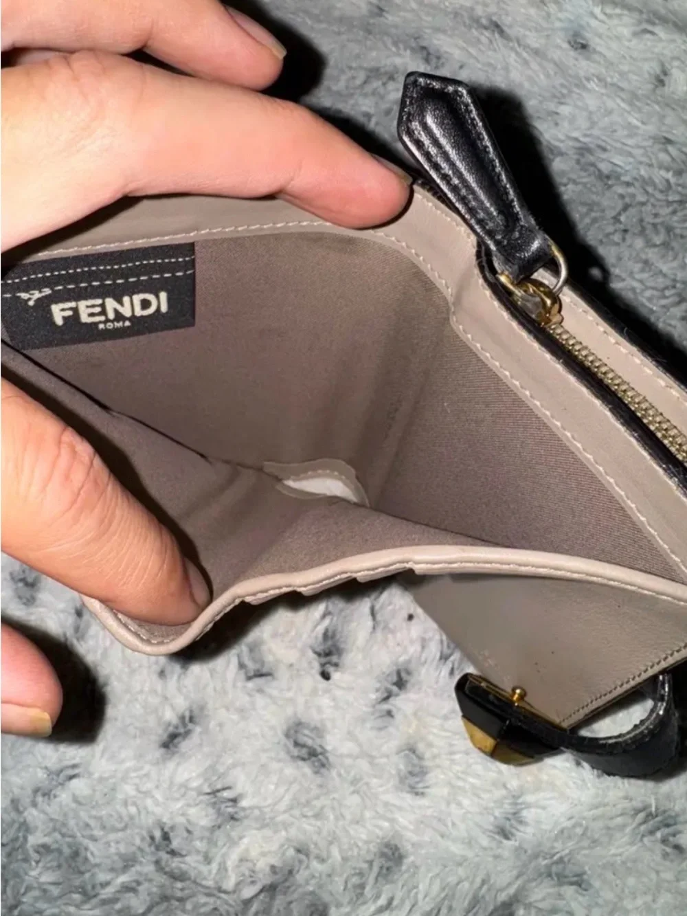 Fendi Black Leather Bifold Wallet, Taupe Interior, Gold Hardware, with Box